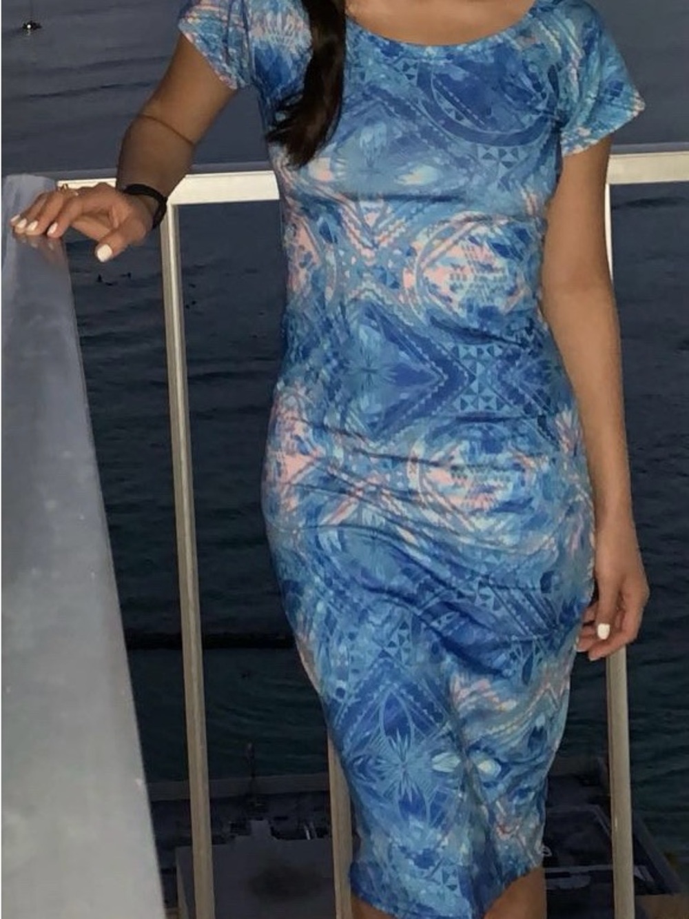 Hawaiian Blue Patterned Midi Dress - Womens